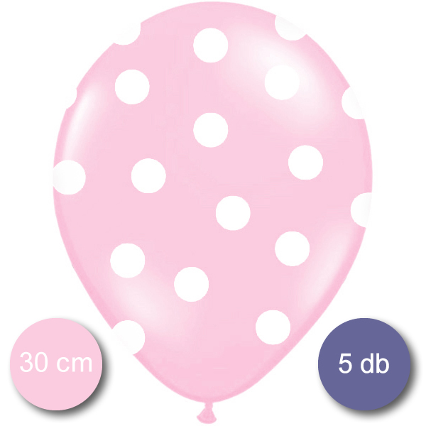 Pöttyös léggömb, 30cm, bébi pink színben, 5 db/cs