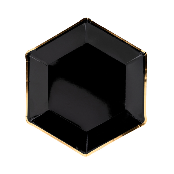 Papír tányér, fekete, ünnepi, arany szegéllyel, 23 cm